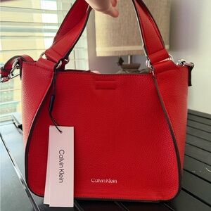 Calvin Klein Bright Red Pebbled Leather Shoulder Tote